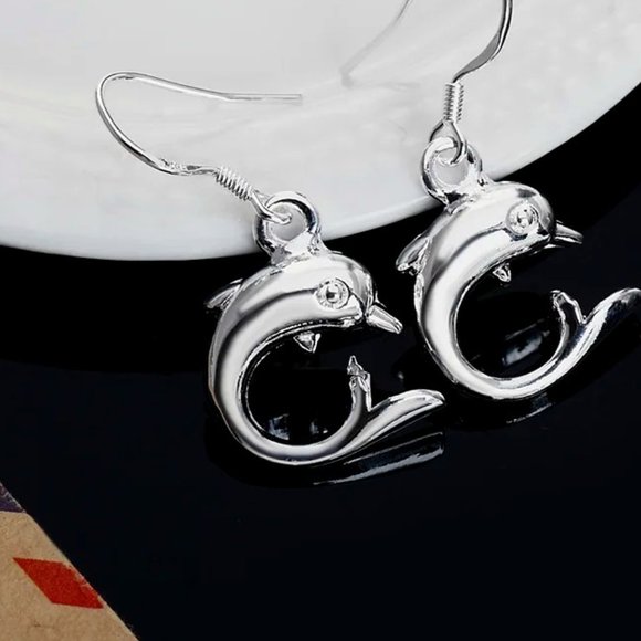Cute Little Dolphin Drop Earrings " Hypoallergenic " Solid Sterling Silver - Picture 1 of 6